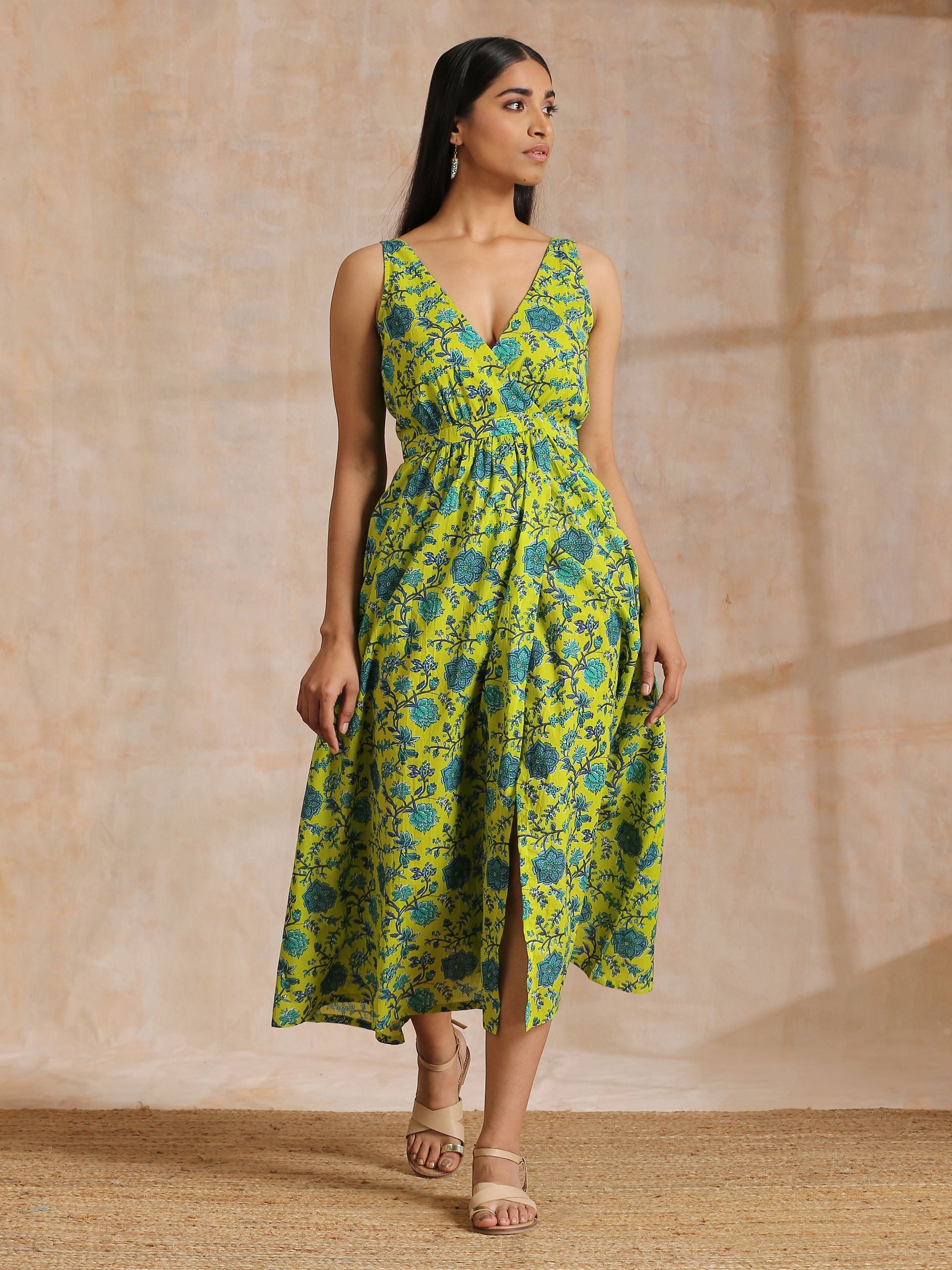 trueBrowns Lime Green Overall Teal Floral Block Print Cotton Sleeveless Wrap Dress | Swadesiicart