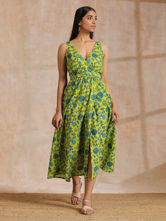 trueBrowns Lime Green Overall Teal Floral Block Print Cotton Sleeveless Wrap Dress | Swadesiicart