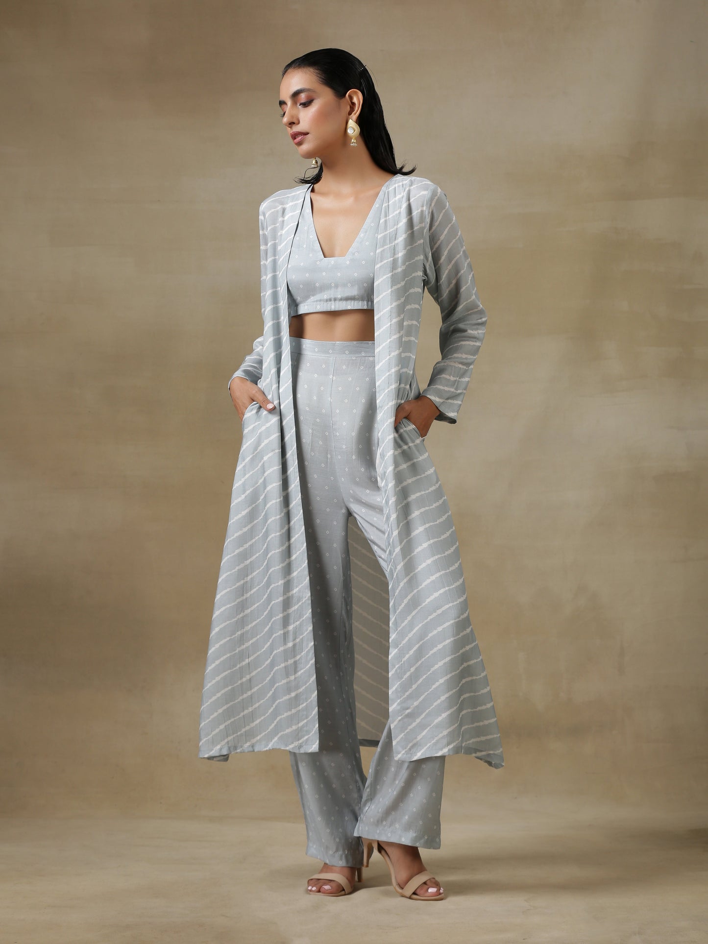 trueBrowns Grey Bandhani Printed Silk Overlay Jacket Blouse Pant Set | Swadesiicart