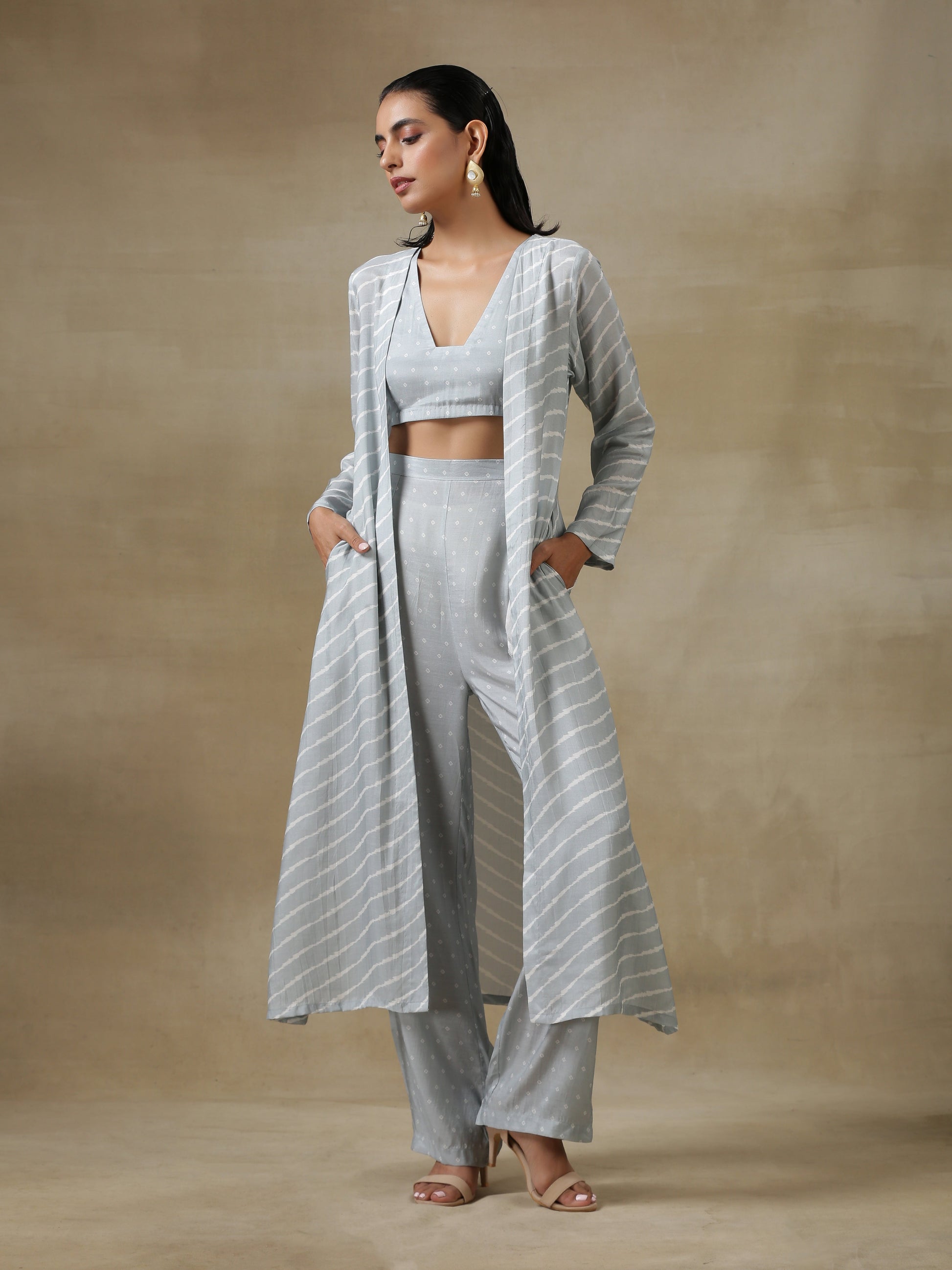 trueBrowns Grey Bandhani Printed Silk Overlay Jacket Blouse Pant Set | Swadesiicart