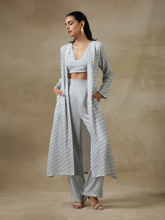 trueBrowns Grey Bandhani Printed Silk Overlay Jacket Blouse Pant Set | Swadesiicart