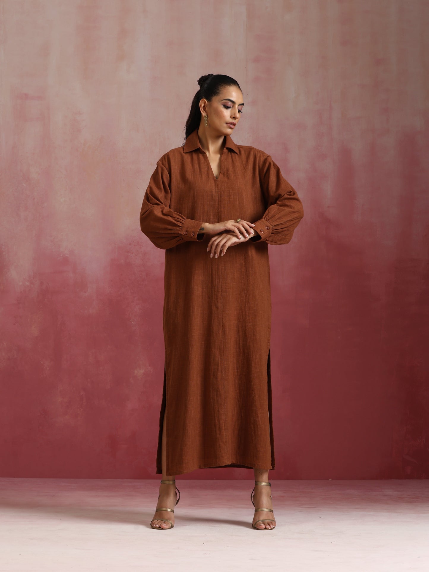 trueBrowns Brown Cotton Dobby Dress | Swadesiicart