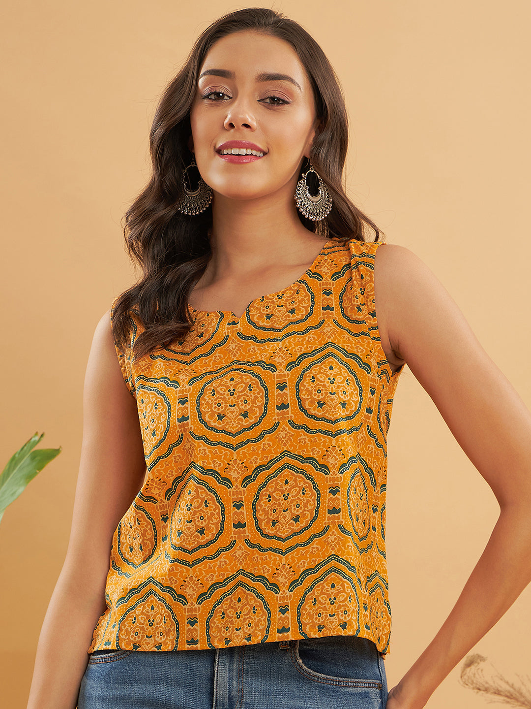 InWeave Haldi Yellow Mughal Kalamkari W/U Top - Swadesiicart