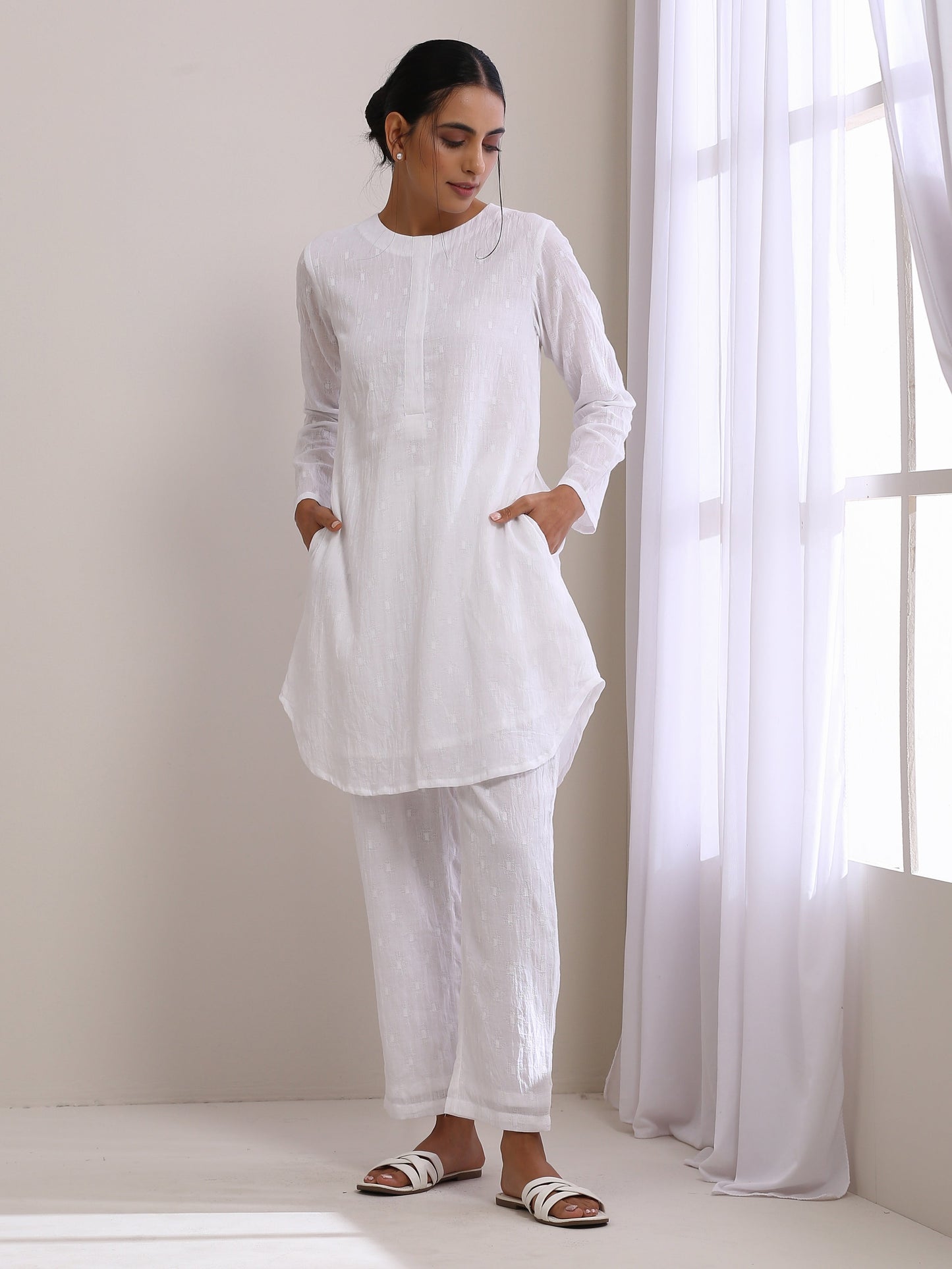 trueBrowns White Dobby Front Placket Co-Ord Set - Swadesiicart