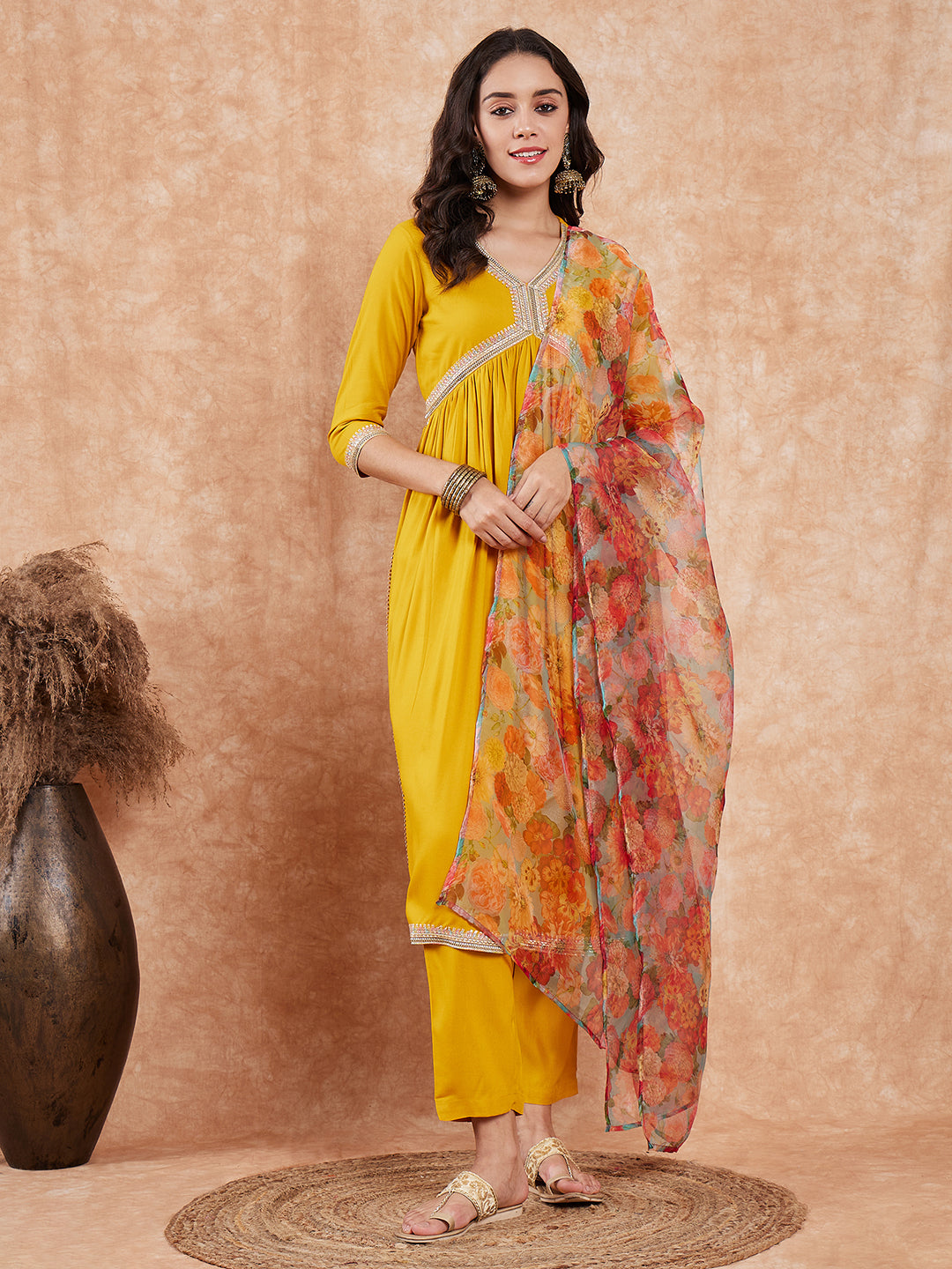 InWeave Women's Mustard Alia Neck Style Gota Set W Organza Dupatta - Swadesiicart