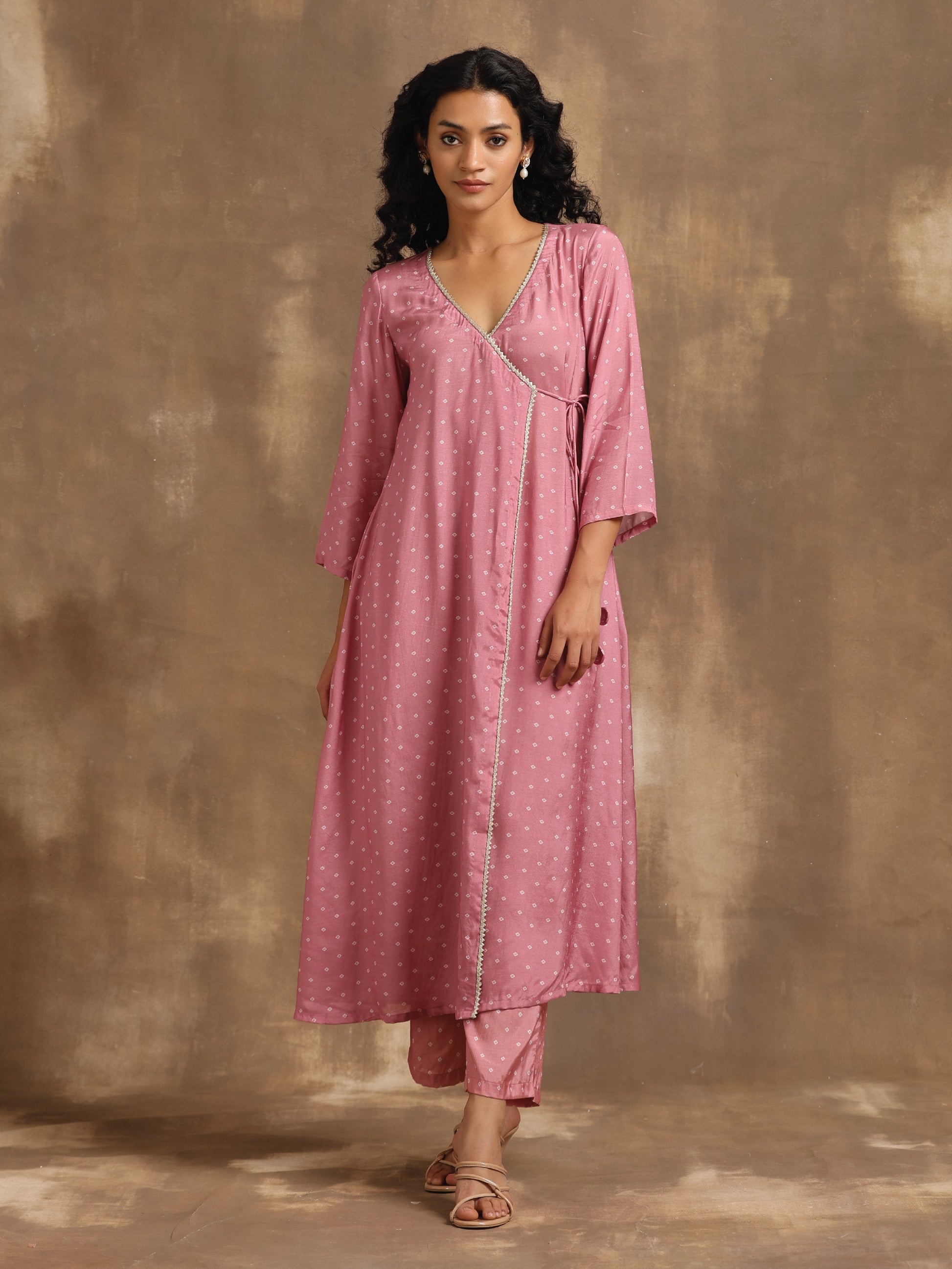 trueBrowns Light Mauve Bandhani Printed Silk Angrakha Kurta Pant Set | Swadesiicart