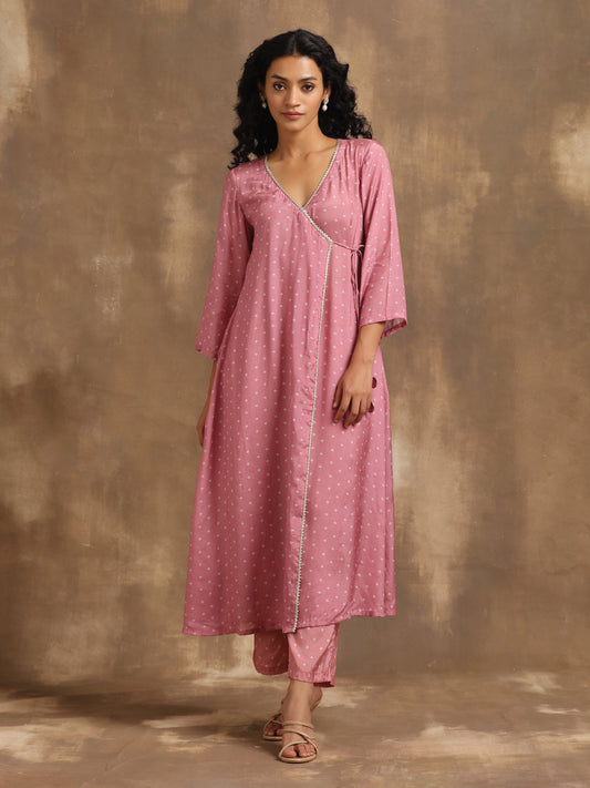 trueBrowns Light Mauve Bandhani Printed Silk Angrakha Kurta Pant Set | Swadesiicart
