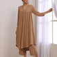 trueBrowns Beige Dobby Gathered Kurta Pant Set | Swadesiicart