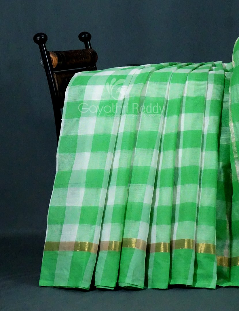 Cream And Green Colored With Checks Pure Mangalgiri Cotton Saree By Gayathri Reddy Designer Studio | Swadesiicart