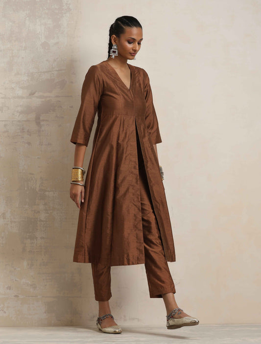 trueBrowns Brown Silk Slit Kurta Set | Swadesiicart