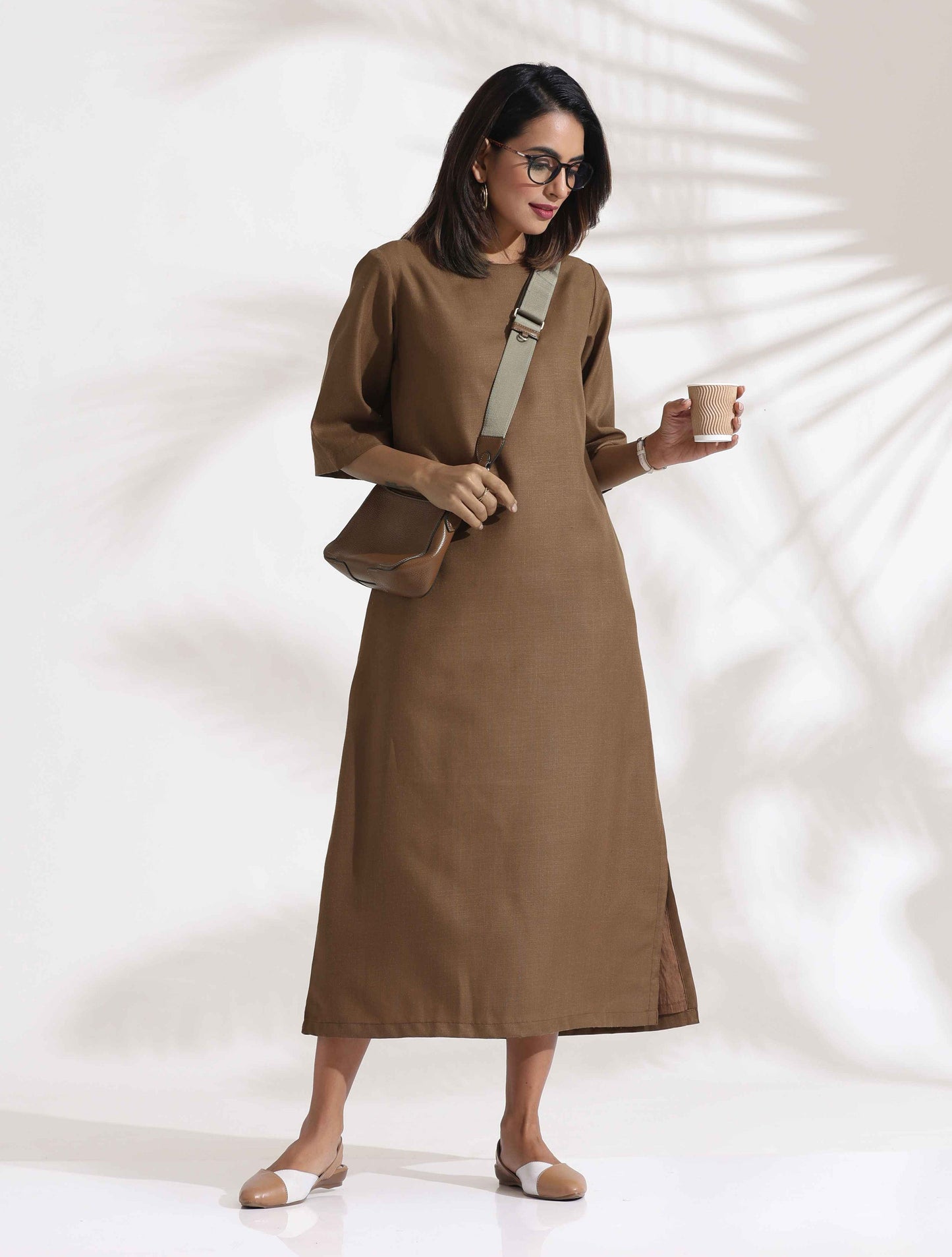 trueBrowns Brown Slub Dress | Swadesiicart