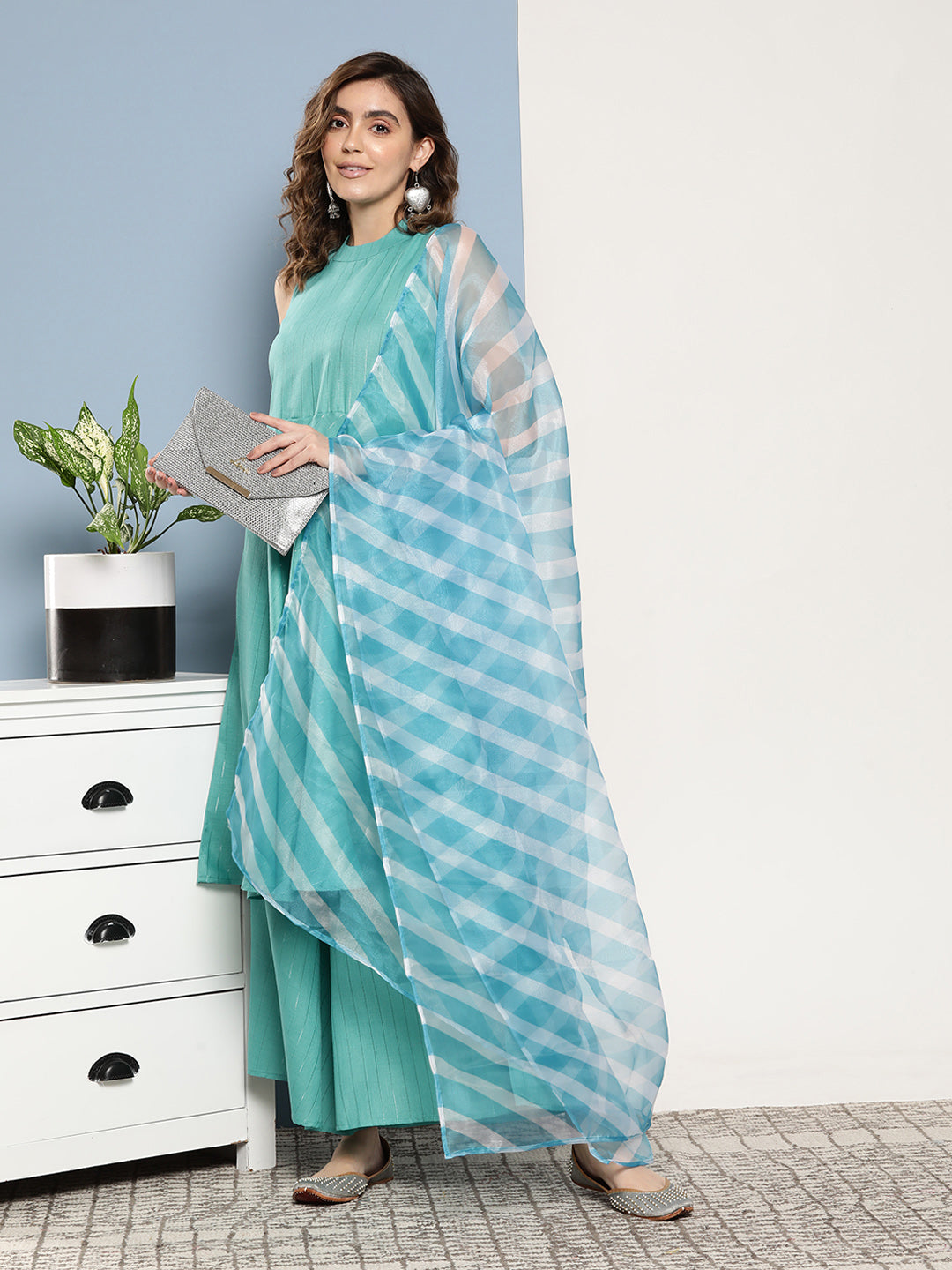 InWeave Women's Teal Lurex Boho Kurta Set With Sky Blue White Leh Dupatta - Swadesiicart