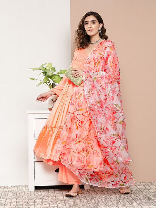 InWeave Women's Peach Tiered Anarkali Kurta Set - Swadesiicart