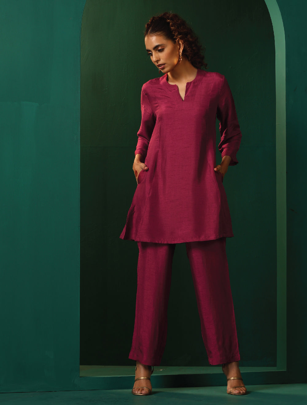 trueBrowns Maroon Silk Relaxed Co-ord Set - Swadesiicart