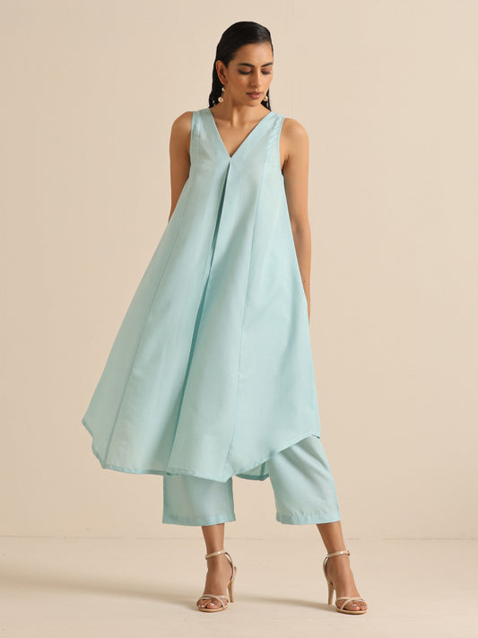 trueBrowns Sky Blue Slub Sleeveless Flared Kurta Pant Set | Swadesiicart