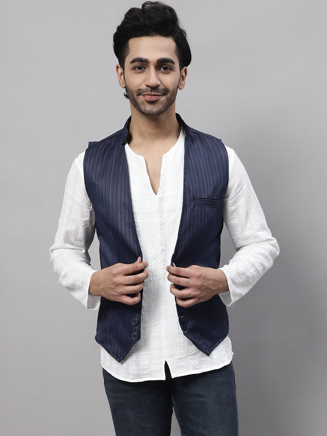 Even Apparels Men's Blue Nehru Jacket With Welt Pockets | Swadesiicart