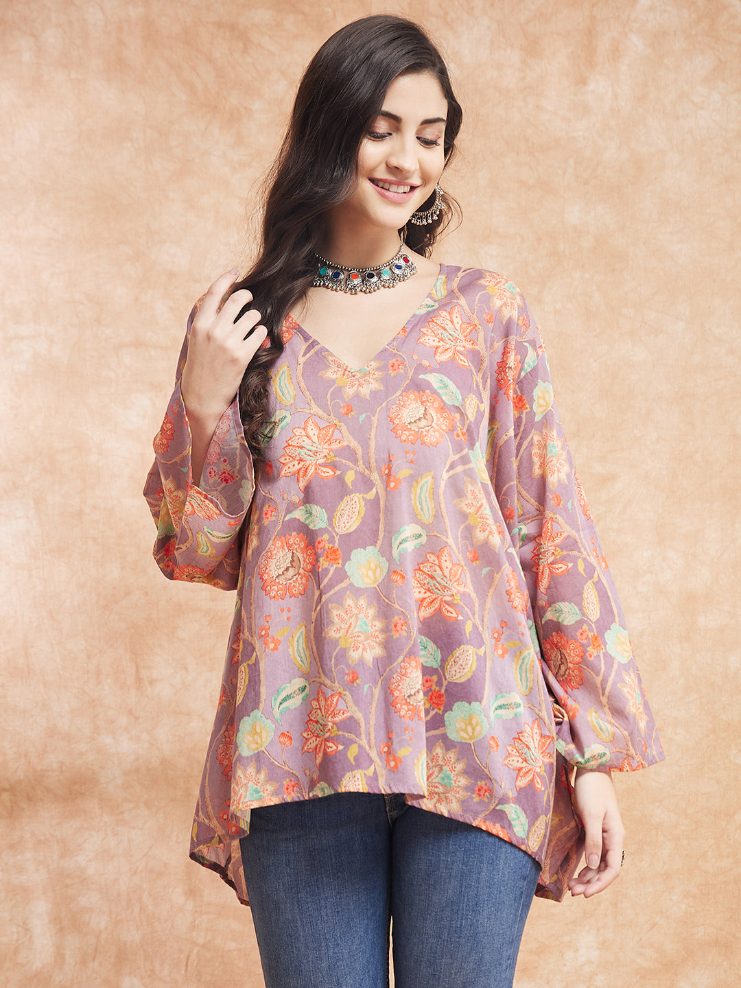 InWeave Women's Dove Grey Floral Digital Print Kaftan Boho Top - Swadesiicart