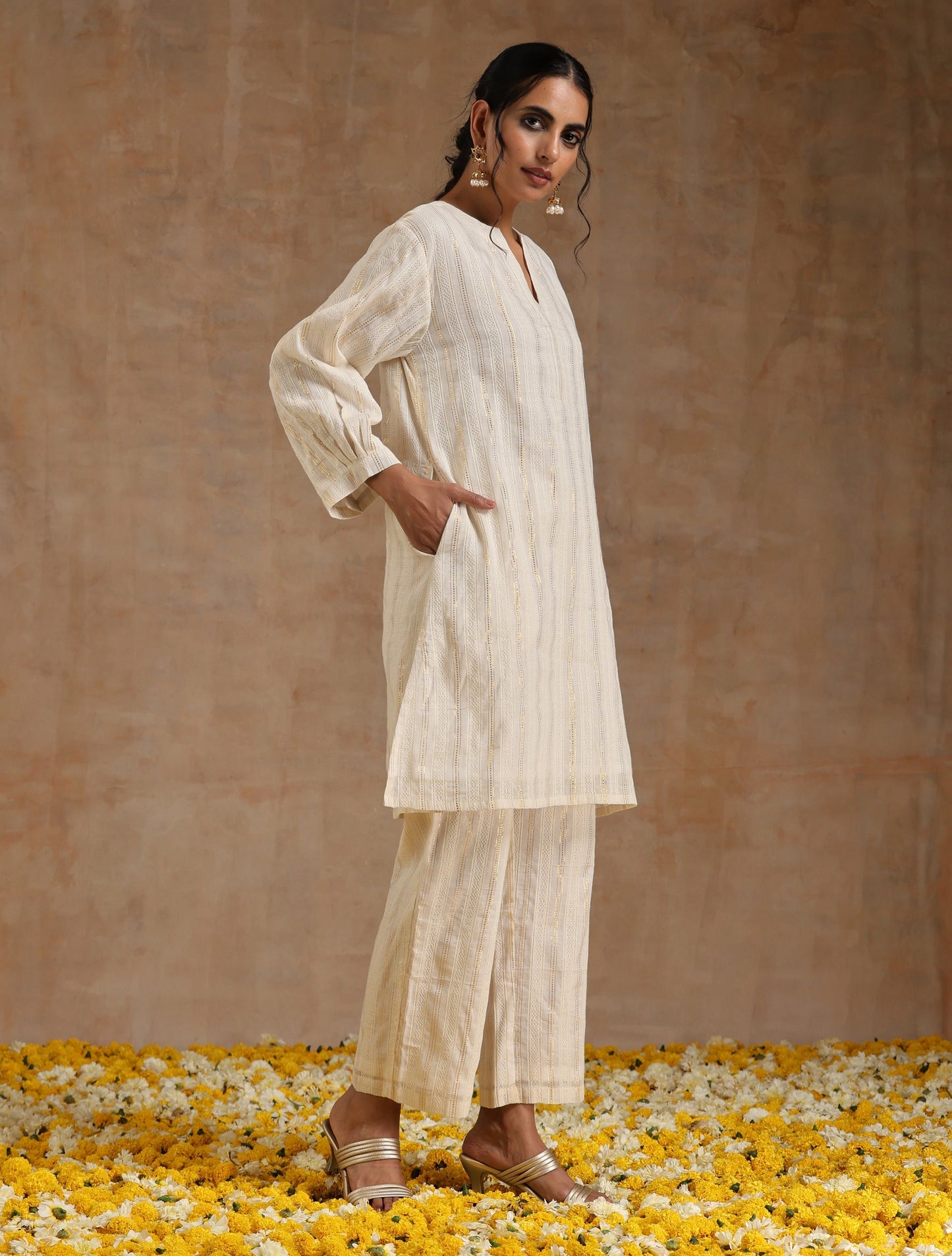 trueBrowns Ivory Gold Cotton Relaxed Co-Ord Set - Swadesiicart
