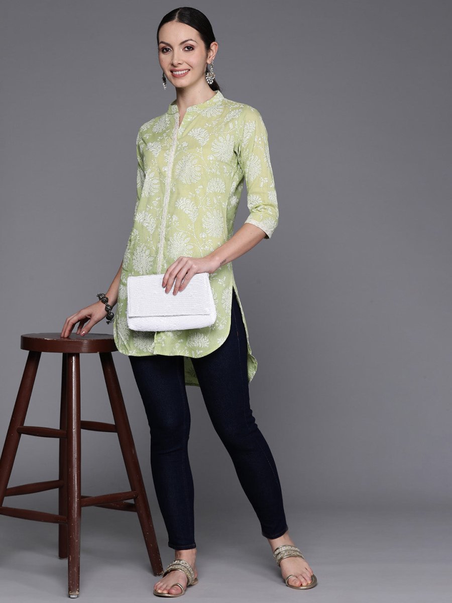 Ahalyaa Mandarin Collar Floral Printed Tunic with Lace Inserts Detail | Swadesiicart