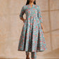 trueBrowns Turkish Blue Overall Floral Block Print Cotton Flared Kurta Pant Set | Swadesiicart