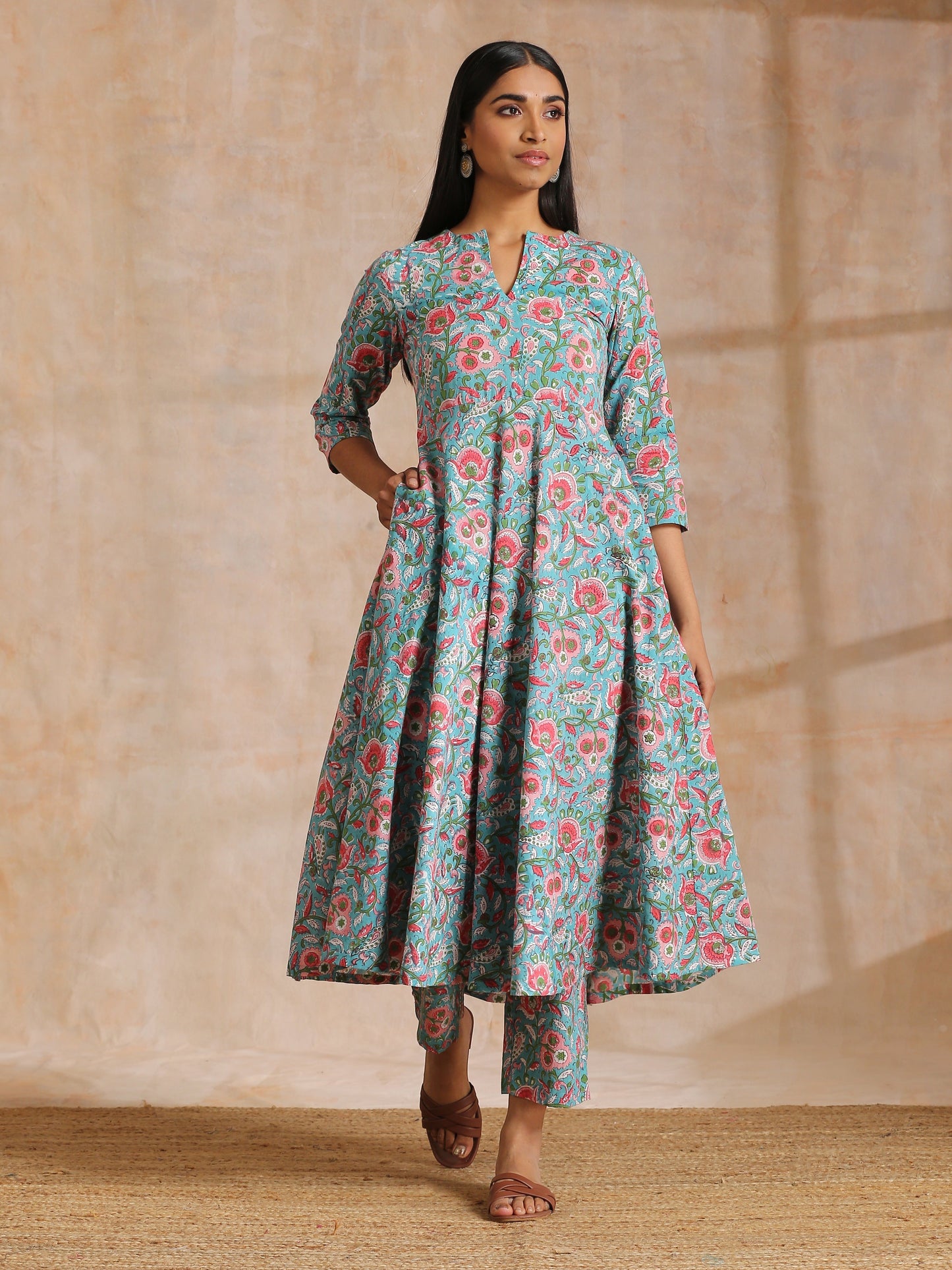 trueBrowns Turkish Blue Overall Floral Block Print Cotton Flared Kurta Pant Set | Swadesiicart