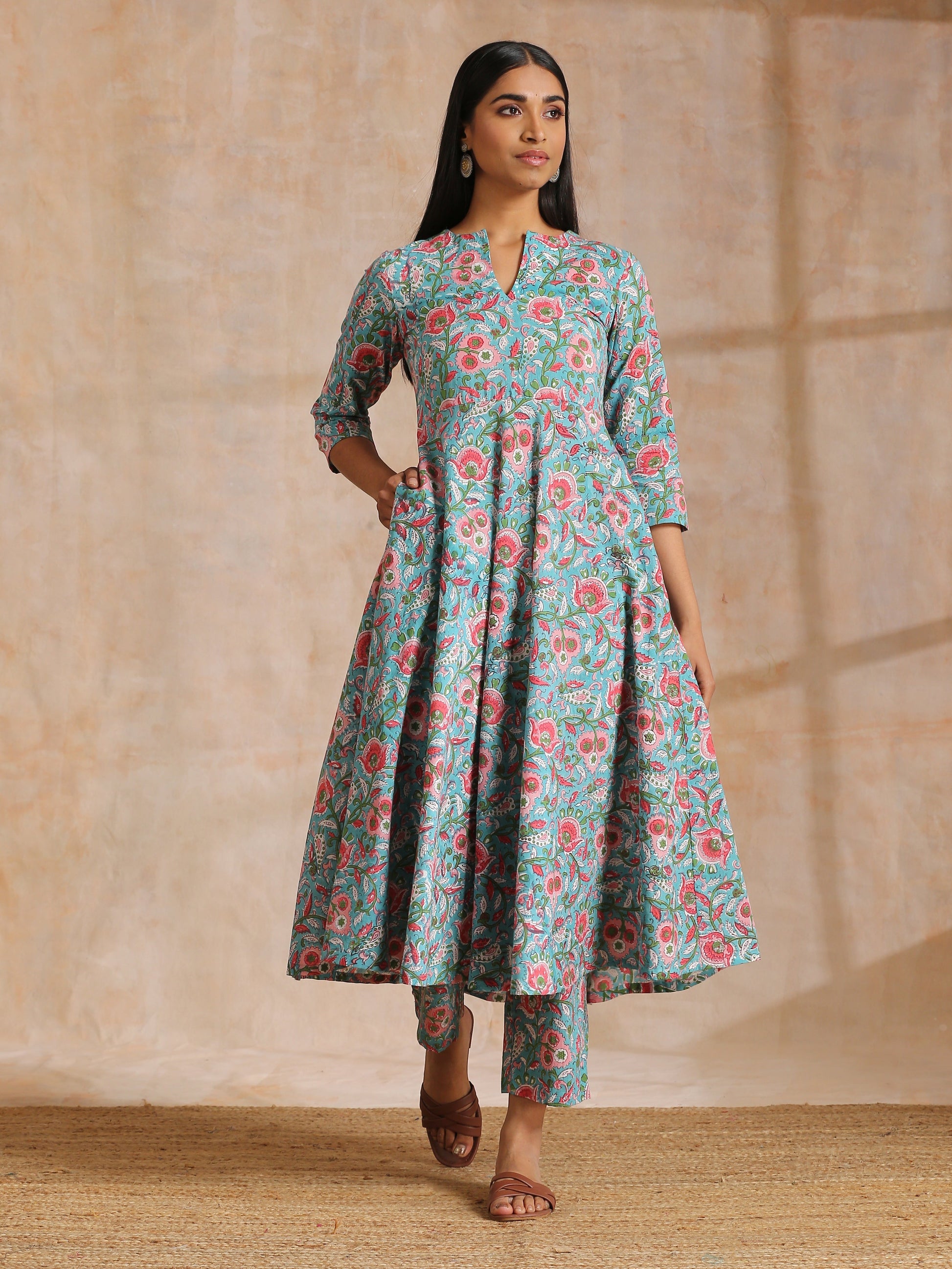 trueBrowns Turkish Blue Overall Floral Block Print Cotton Flared Kurta Pant Set | Swadesiicart