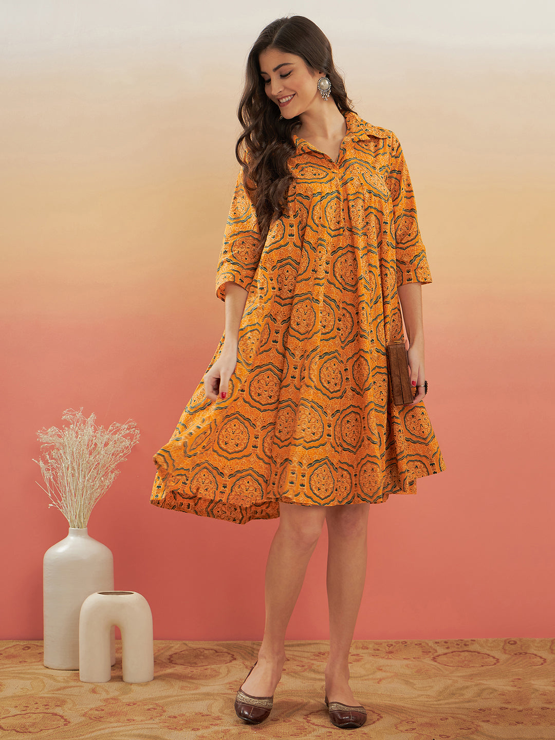 InWeave Women's Haldi Yellow Mughal Kalamkari Flared Dress - Swadesiicart