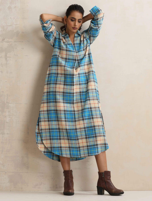 trueBrowns Beige Check Pleated Winter Dress | Swadesiicart
