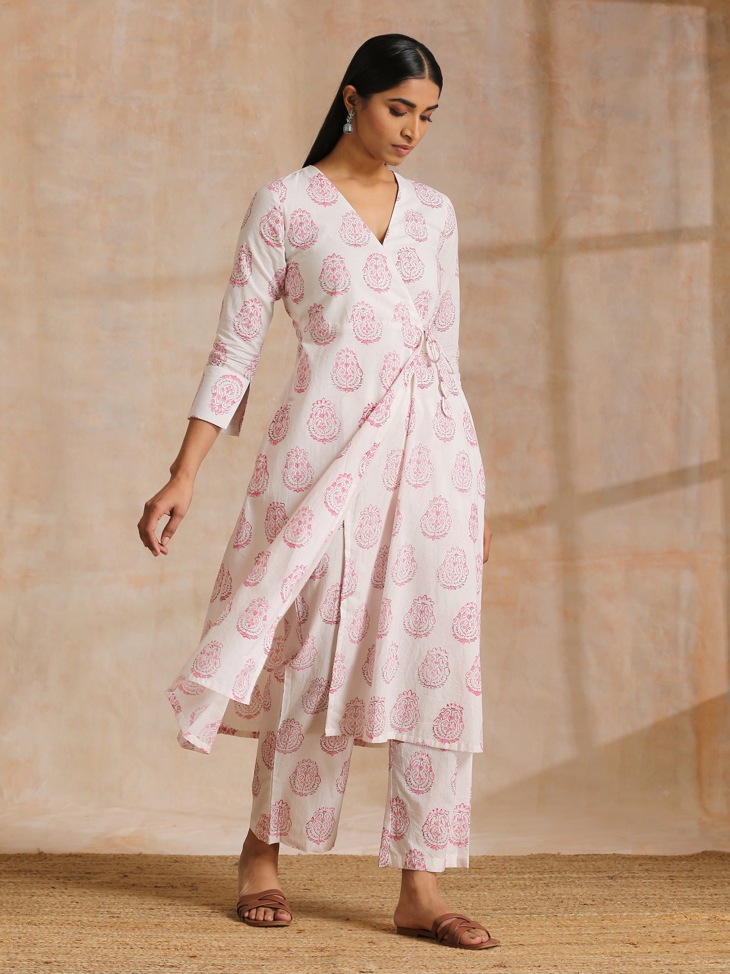 trueBrowns Pink Big Buta On White Print Cotton Angrakha Kurta Pant Set | Swadesiicart