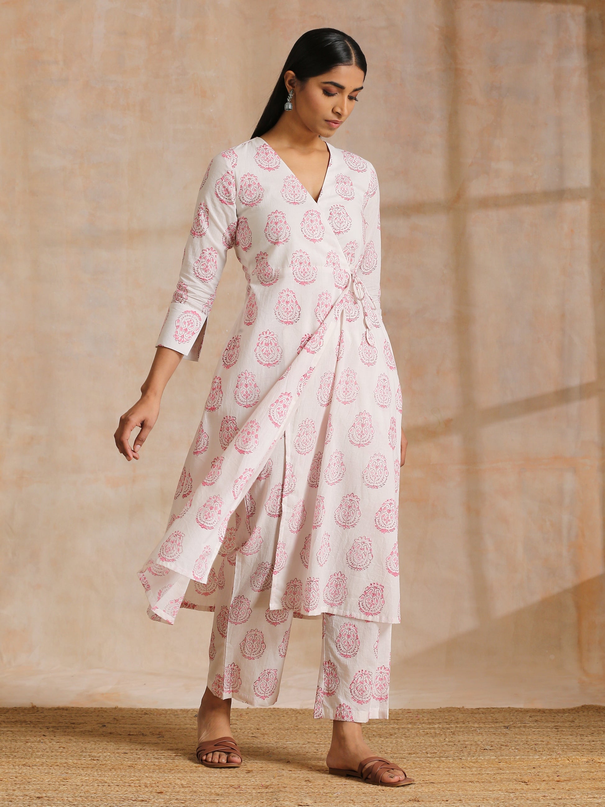 trueBrowns Pink Big Buta On White Print Cotton Angrakha Kurta Pant Set | Swadesiicart