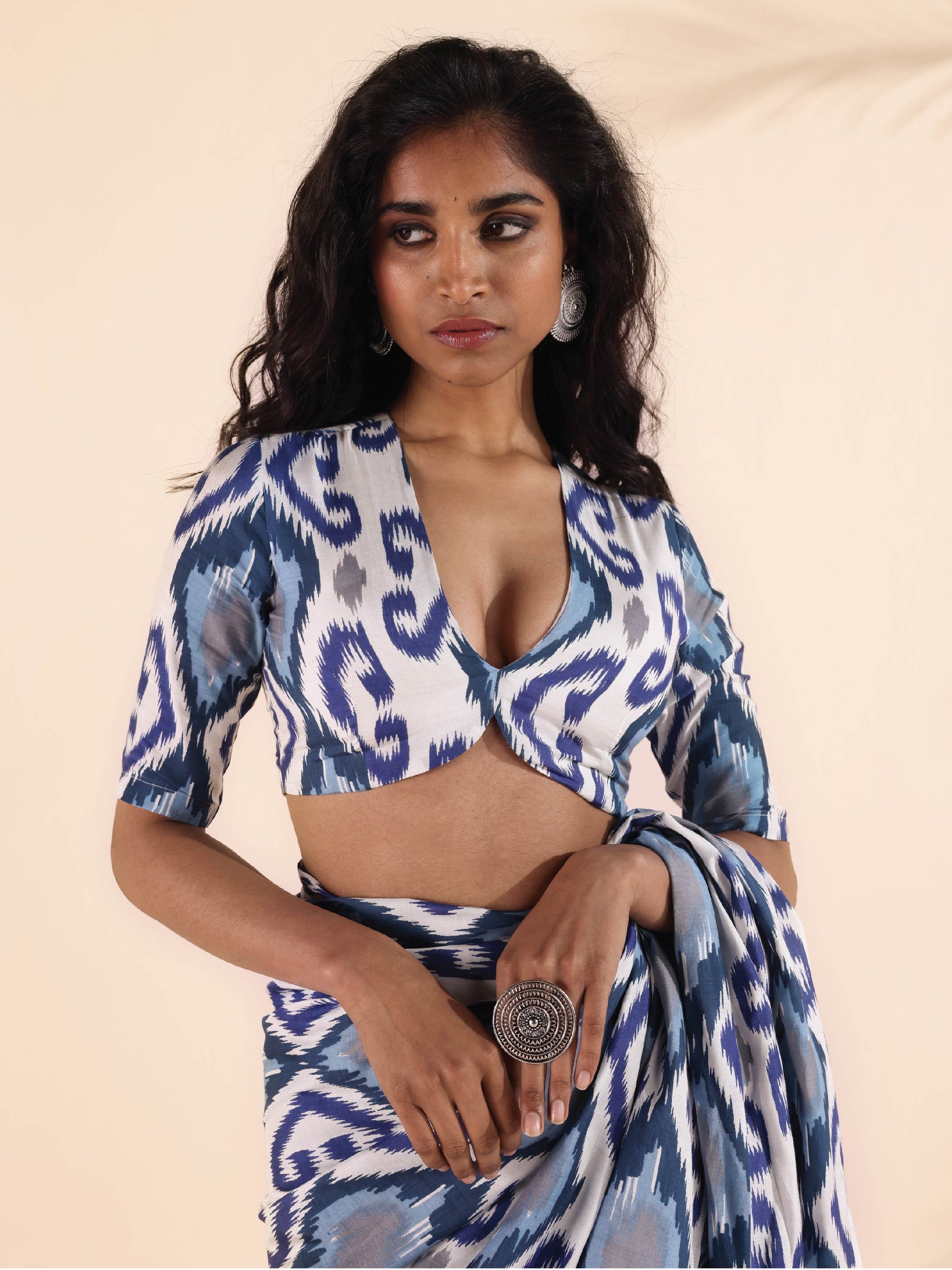 trueBrowns Blue Muslin Ikat Deep V-Neck Blouse | Swadesiicart