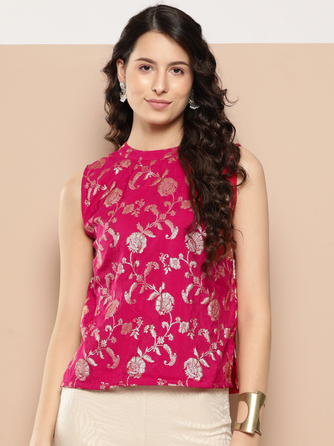 InWeave Women's Fuchsia Brocade Halter Top - Swadesiicart