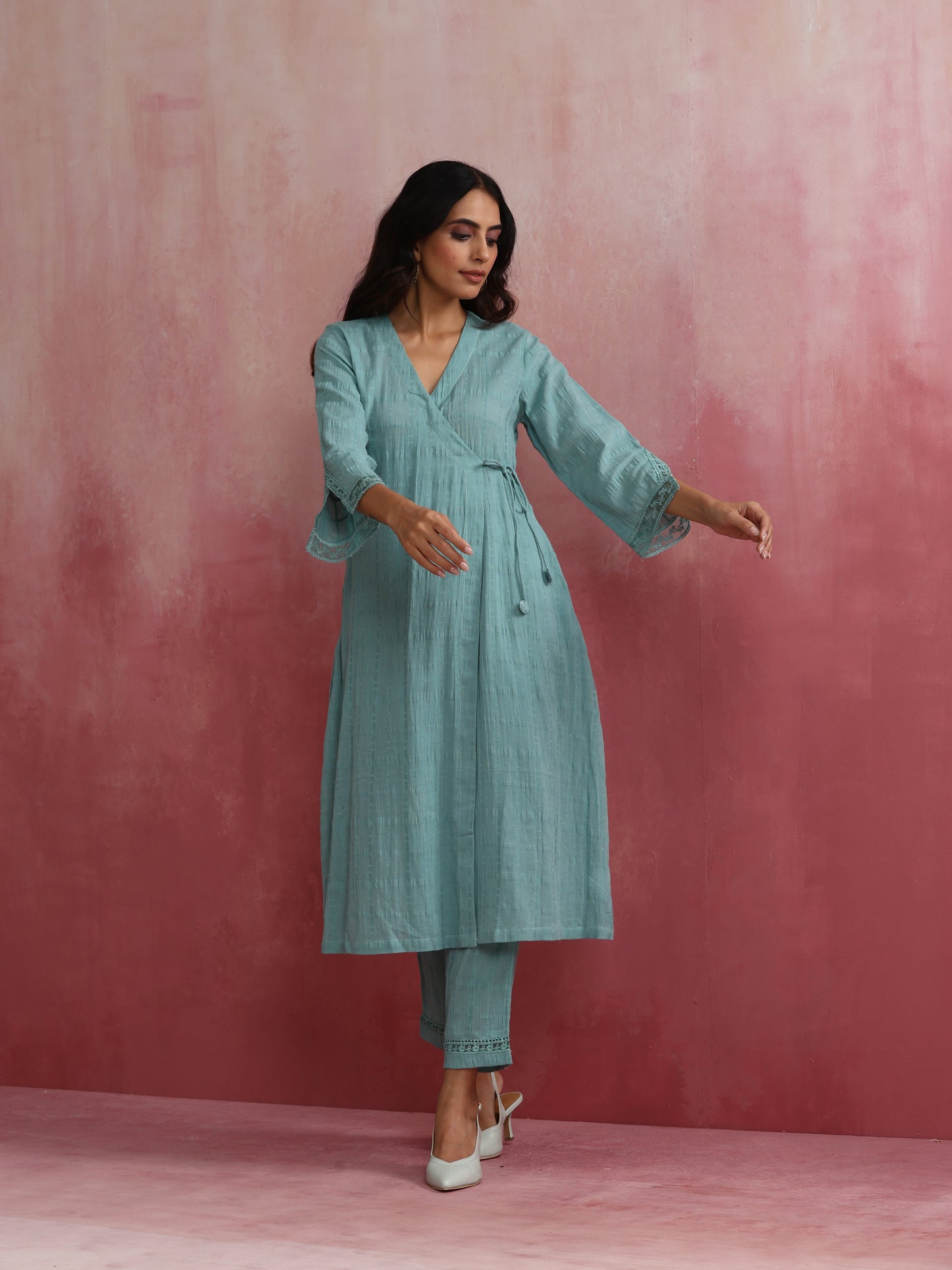 trueBrowns Aqua Blue Cotton Dobby Angrakha Kurta Set | Swadesiicart