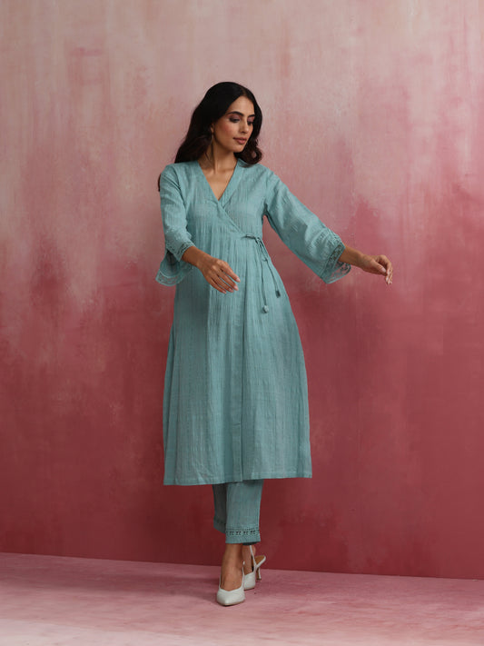 trueBrowns Aqua Blue Cotton Dobby Angrakha Kurta Set | Swadesiicart
