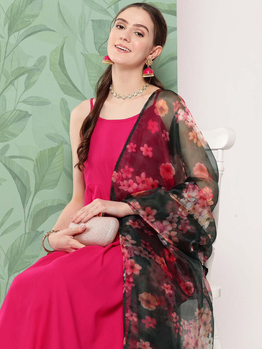 InWeave Women's Fuchsia Strappy Set W Dark Green Camelia Or Dupatta - Swadesiicart
