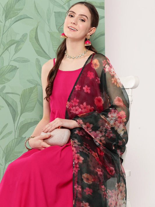 InWeave Women's Fuchsia Strappy Set W Dark Green Camelia Or Dupatta - Swadesiicart