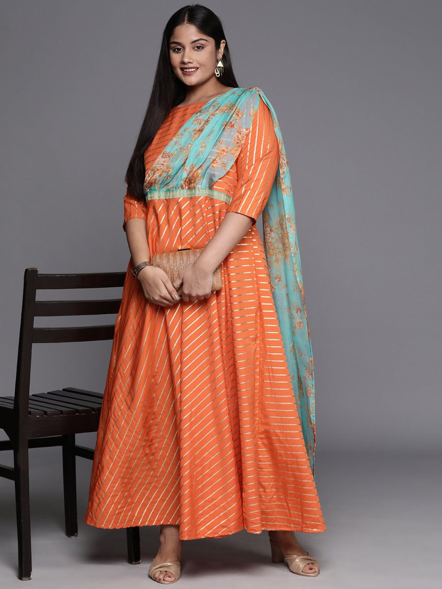 Ahalyaa Plus Size Boat neck Maxi Ethnic Dress | Swadesiicart