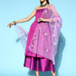 InWeave Purple Off Shoulder Silk Kurta Set -Mauve Hand Painted Dupatta - Swadesiicart