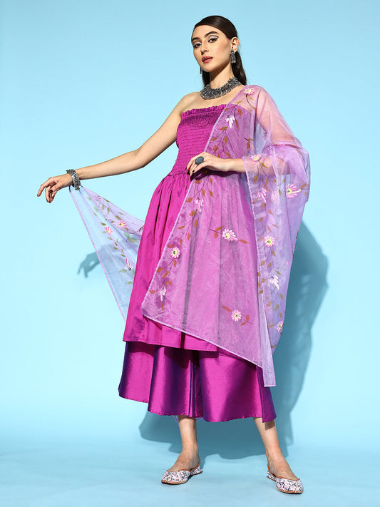 InWeave Purple Off Shoulder Silk Kurta Set -Mauve Hand Painted Dupatta - Swadesiicart