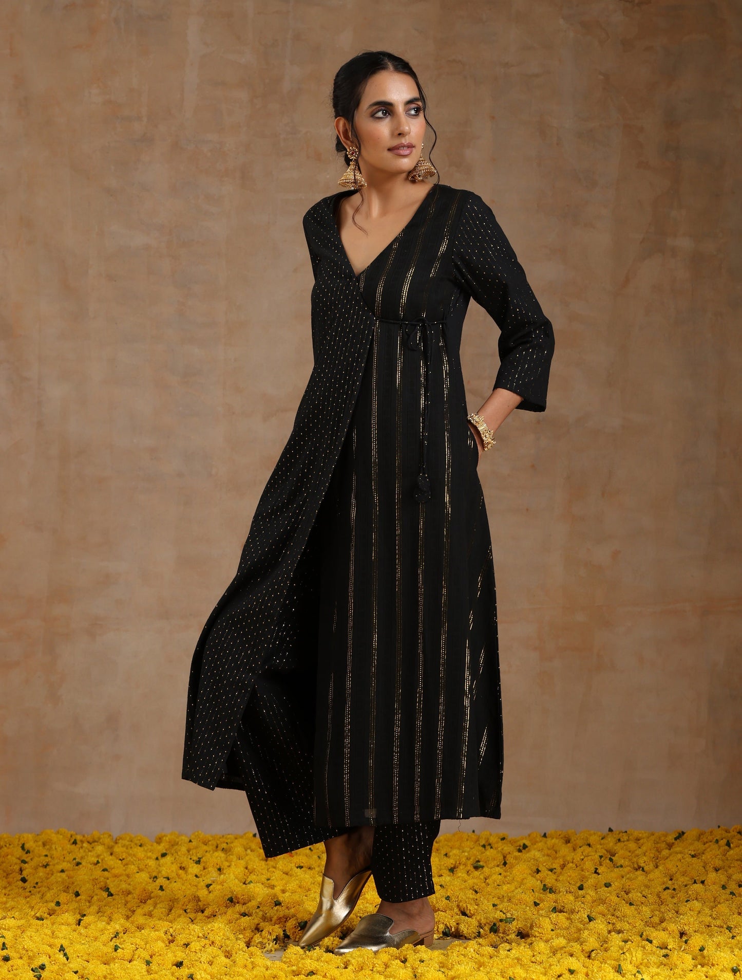 trueBrowns Black Gold Cotton Angrakha Kurta Set | Swadesiicart