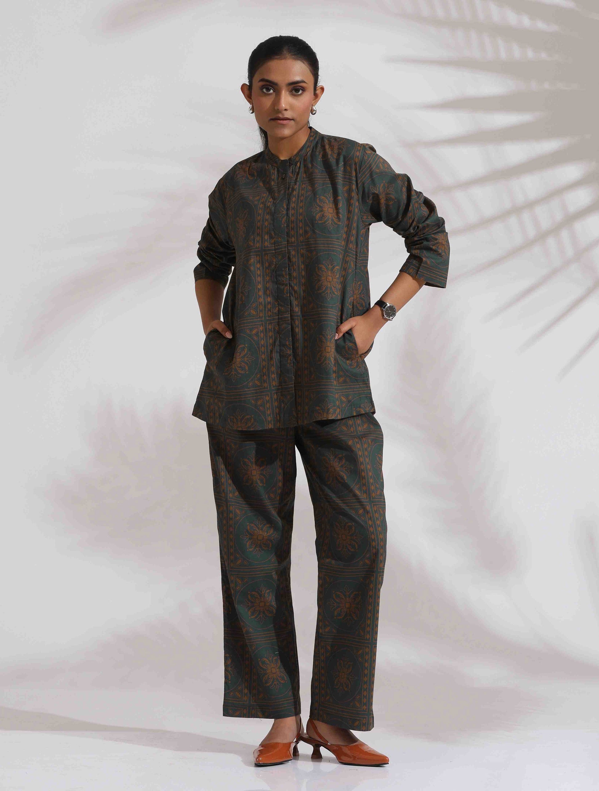 trueBrowns Green Cotton Print Shirt Top & Pants Co-ord Set - Swadesiicart