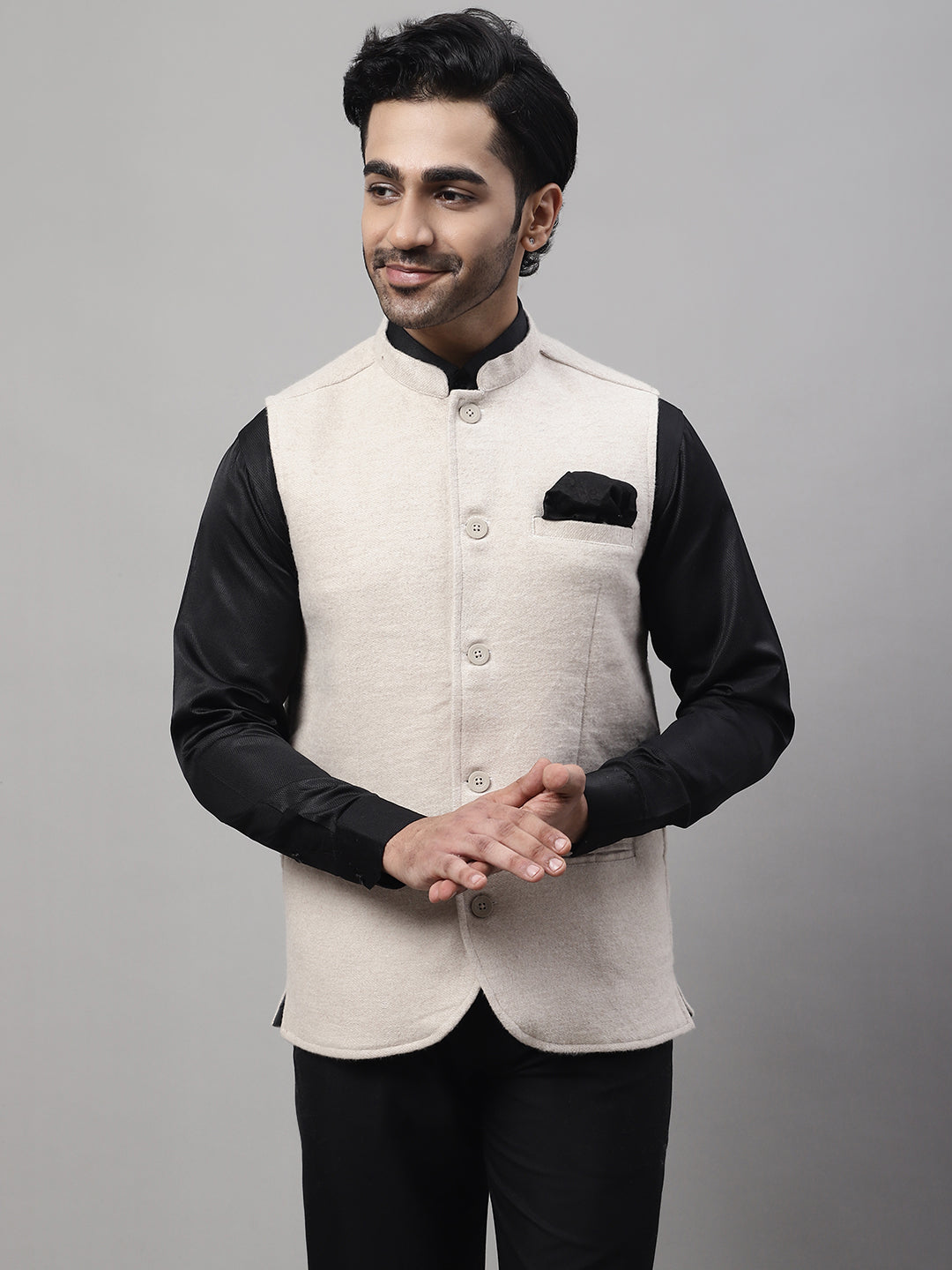Even Apparels Men's Cream Pure Wool Nehru Jacket | Swadesiicart