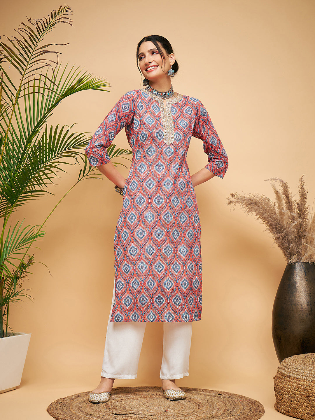 InWeave Women's Red Blue Ogee Print Gota Straight Kurta Pant Set - Swadesiicart