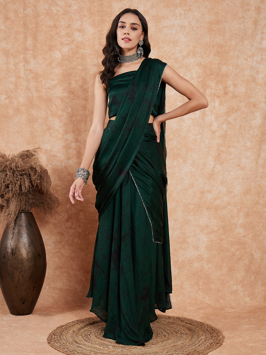 InWeave Women's Dark Green Black Gota Skirt Saree - Swadesiicart