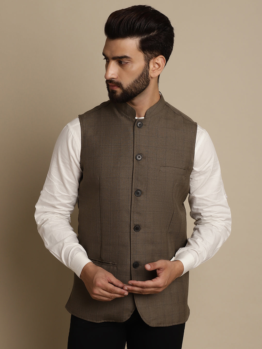 Even Apparels Men's Brown Mandarin Collar Waistcoat | Swadesiicart