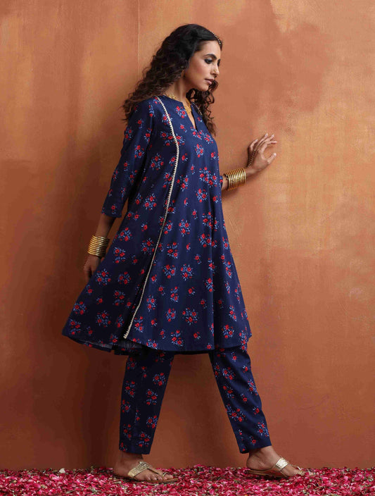 trueBrowns Blue Floral Print Flared Anarkali Kurta Co-ord Set - Swadesiicart
