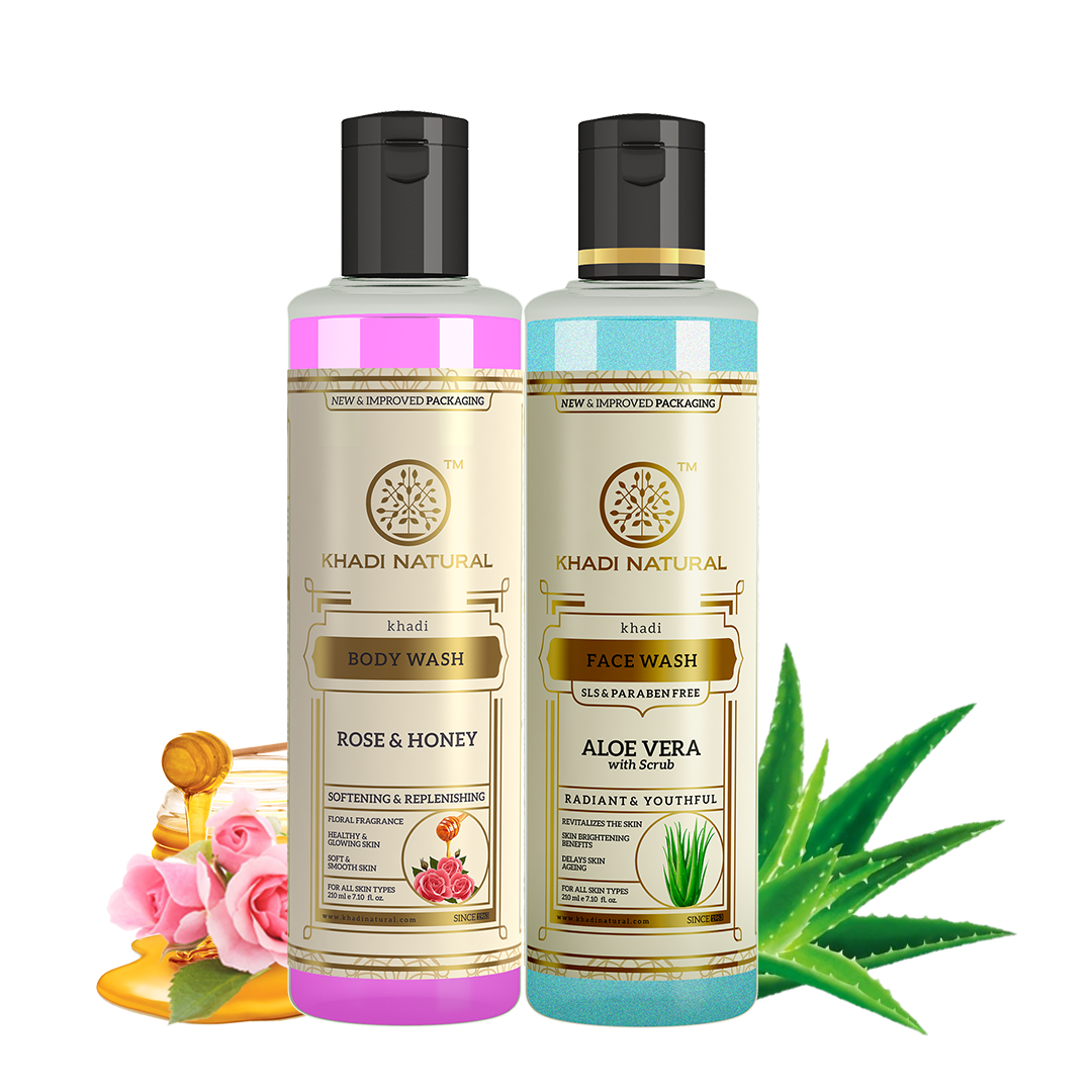 Khadi Natural Aloe Vera with Scrub Face Wash (SLS & Paraben Free) & Rose & Honey Body Wash – Combo Pack of 2 - 210ml Each