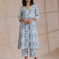 trueBrowns White With Overall Blue Print Cotton Slit Gathered Kurta Set | Swadesiicart