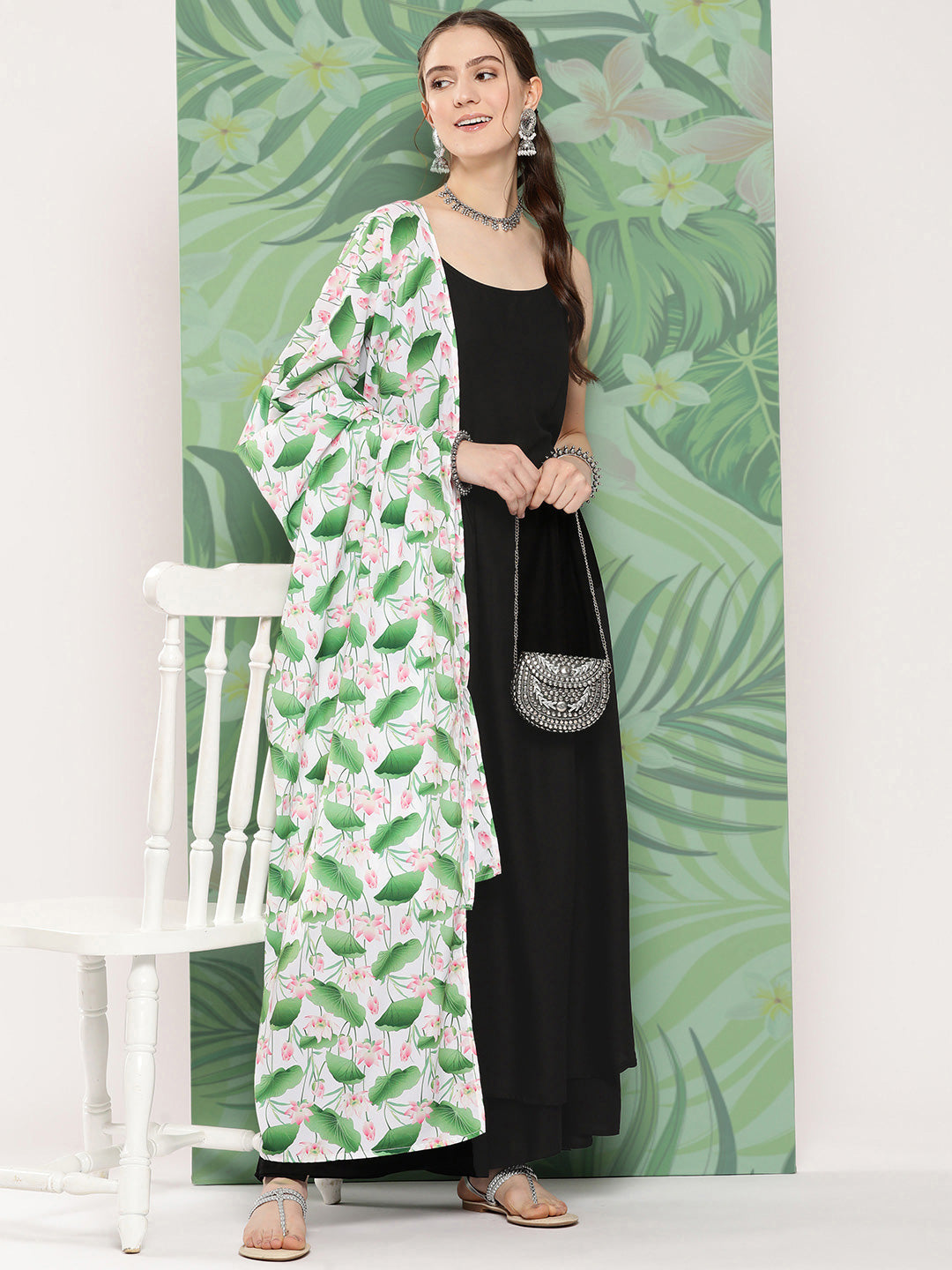 InWeave Women's Black Strappy Set W White Pink Lotus Cr Duptta - Swadesiicart
