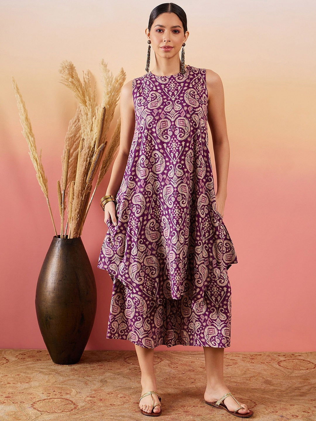 InWeave Dusty Mauve Paisley Round Neck Kurta Short Palazzo Set - Swadesiicart